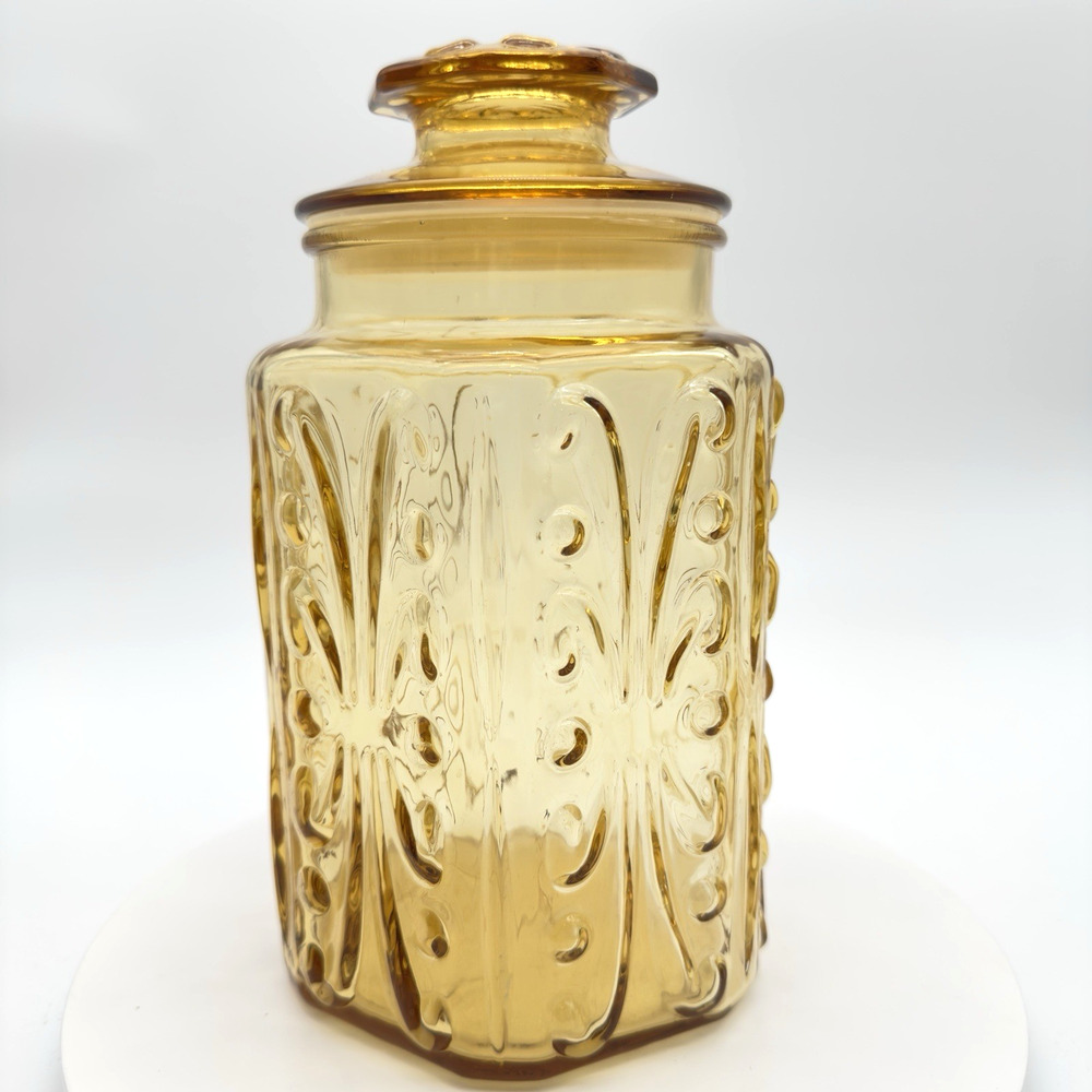 Vintage Federal Glass Amber Yellow Canister Show Off Jar Sun Gold 1970s Retro 9"